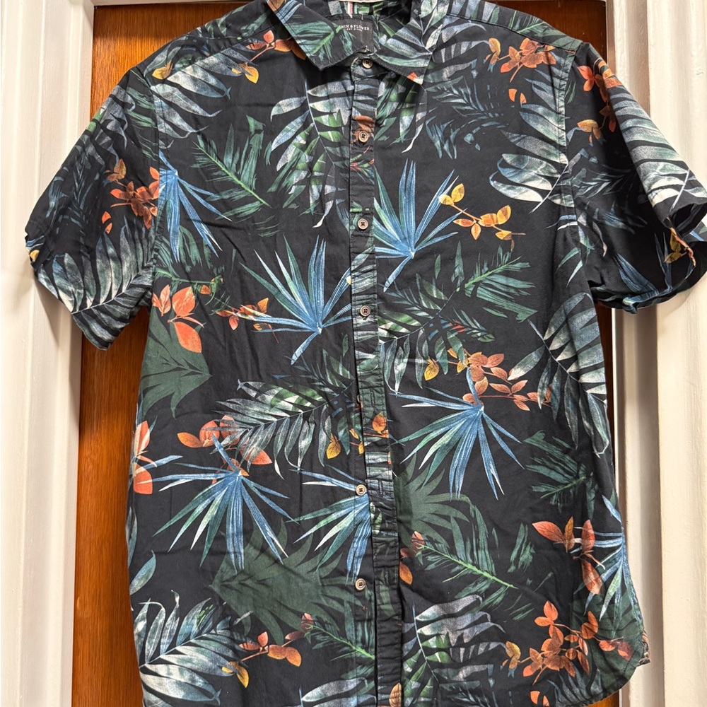 Denim & Flower Black Tropical Leaf Print Shirt